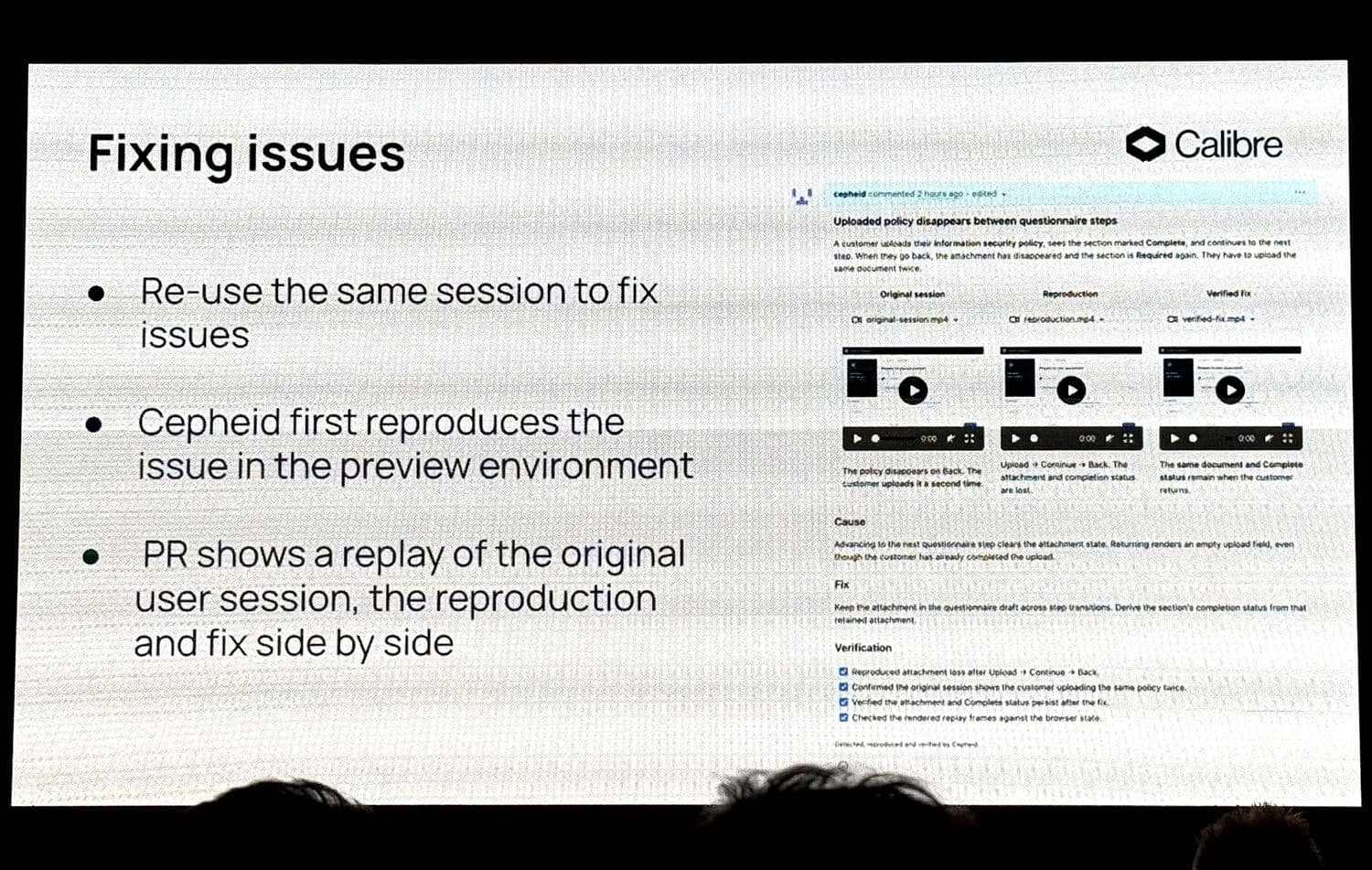 The fixing issues slide: the pull request shows the original user session, the reproduction and the verified fix side by side, with cause, fix and a verification checklist