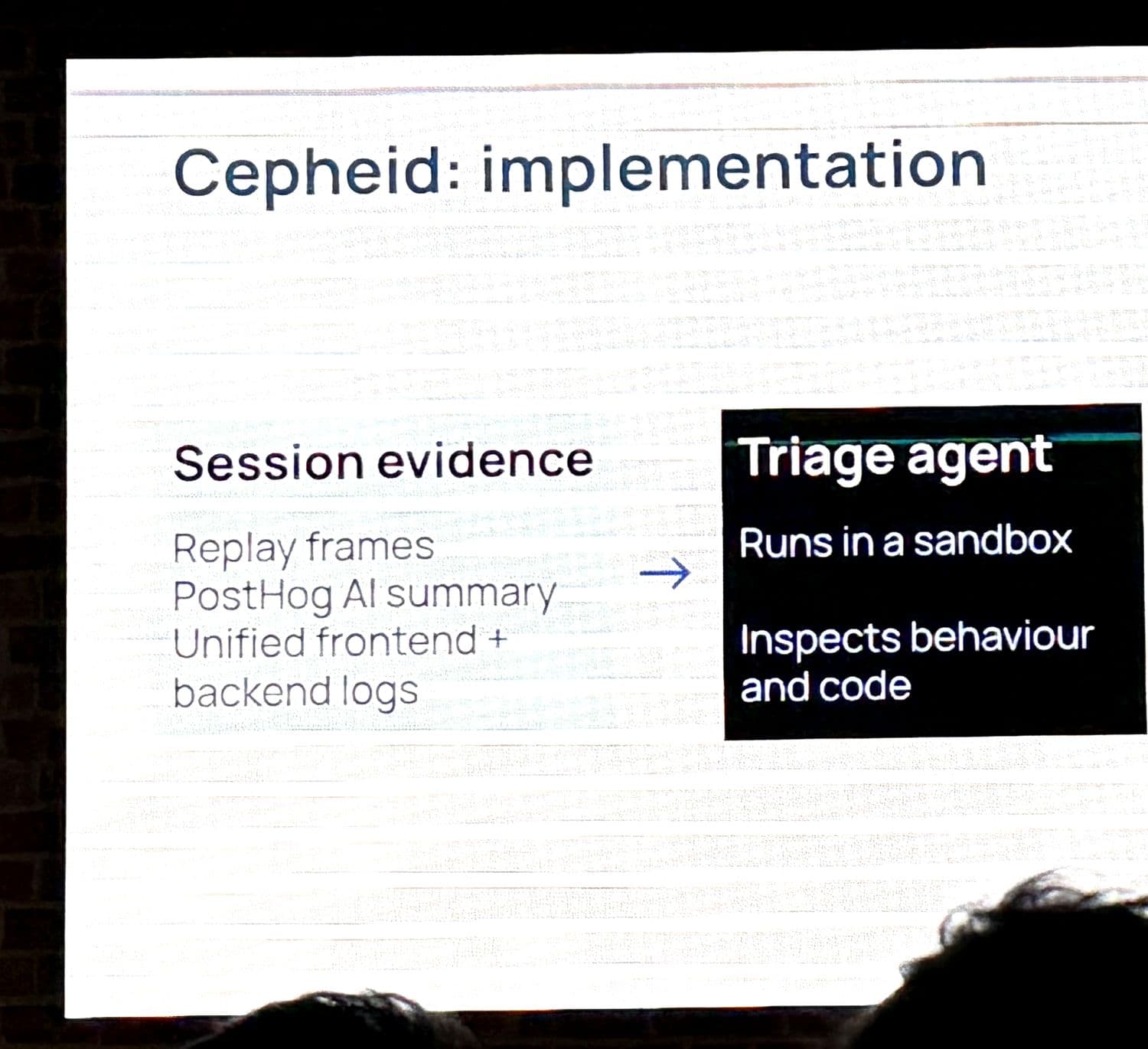 The Cepheid implementation diagram: session evidence to a triage agent in a sandbox, then either a coding agent or no finding