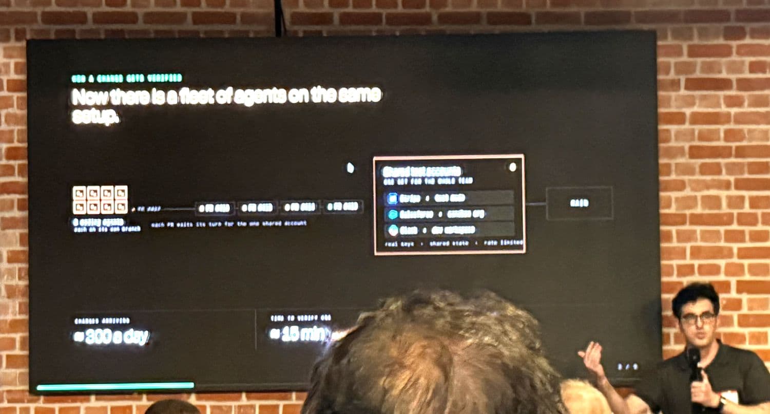 Eight coding agents on their own branches, all waiting for one shared set of test accounts with real keys, shared state and rate limits