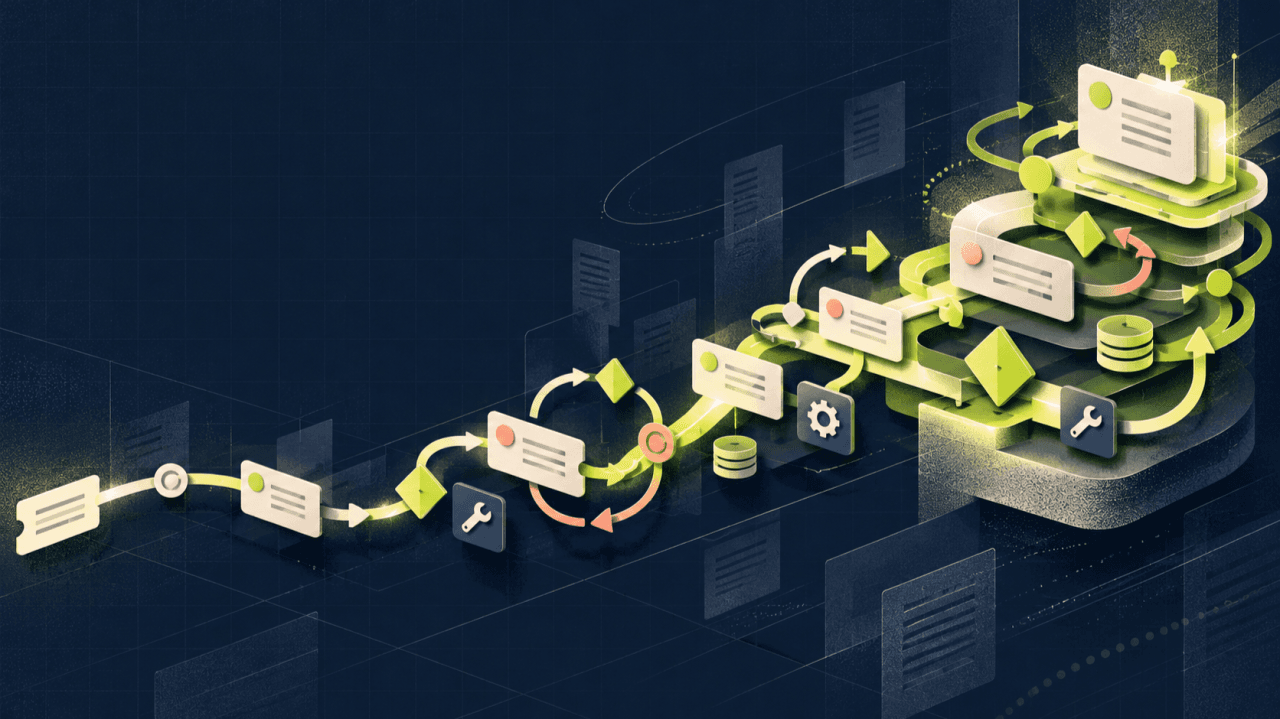 Illustration: a path of task cards, checkpoints and tool icons climbing in loops towards a stacked, glowing platform of records and databases.