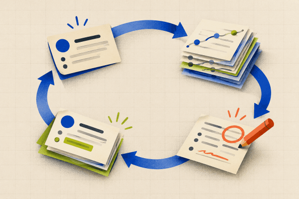 Illustration: a loop of four cards joined by arrows, from a task card to a stack of logged records, to a card being corrected with a pencil, to an improved card and back again.