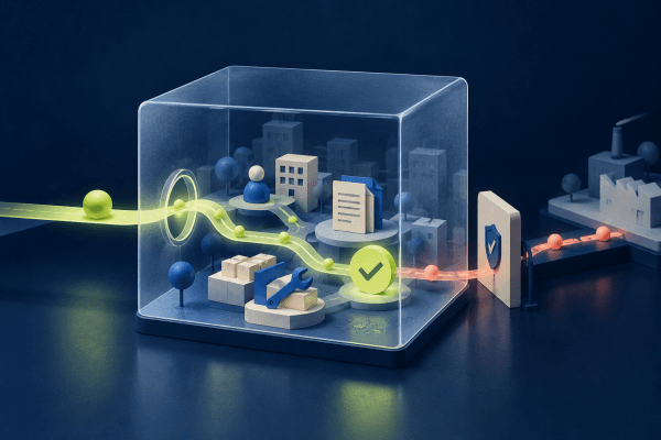 Illustration: a glass cube containing a miniature model of a company, with a path of glowing dots passing through and a check mark, before leaving through a shield-marked gate.